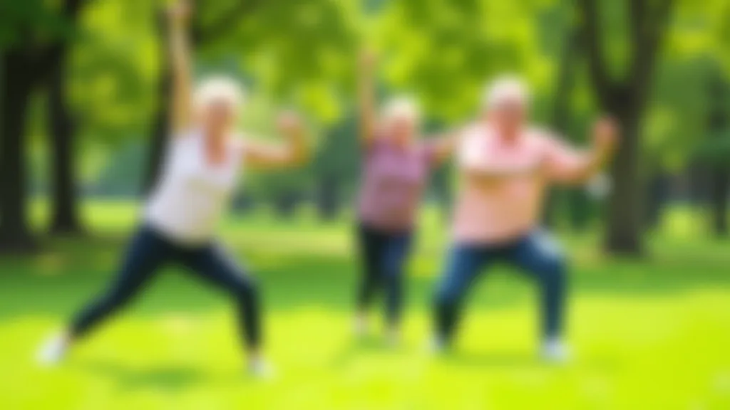 Senioru grupa dara vieglus vingrojumus ārā parkā