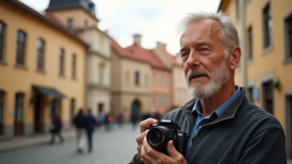 Seniora vīrs ņem foto pie Kuldīgas vecpilsētas vēsturiskajiem ēkām