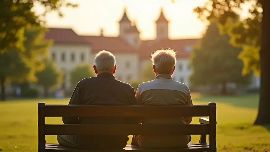 Pāris senioru sēž parkā Kuldīgā, uzmūrējot skatus uz vecpilsētu